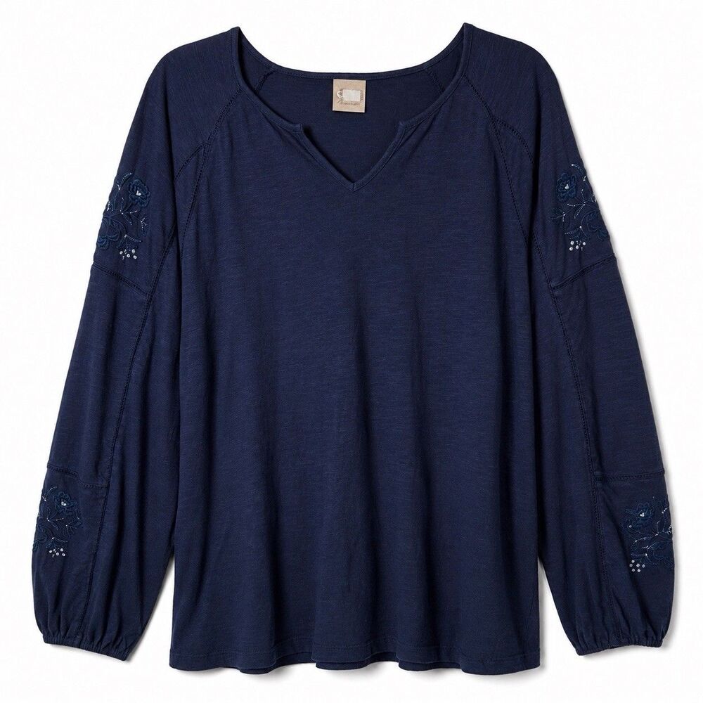 Chico’s Womens 3 XL 16 18 Navy Embroidered Floral Sleeve Boho Tunic Top